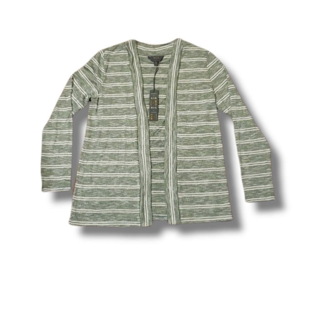 𝅺Mix by 41 Hawthorn Womens Knit Open Front Green Striped Cardigan Sz M‎ New